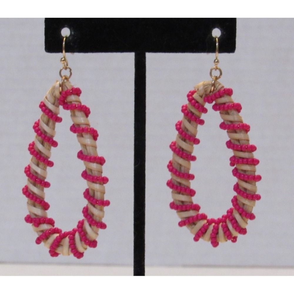 Woven Raffia Teardrop Hoop Earrings Fuchsia‎ Pink Seed Bead Spiral Boho Tropical